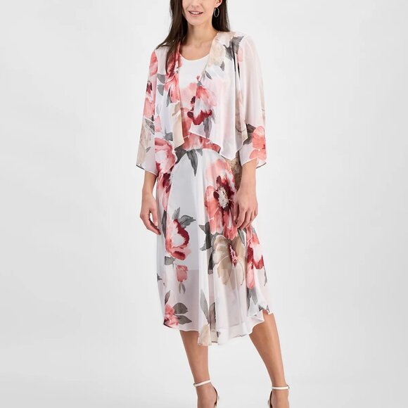 Robbie Bee Women Floral Print Chiffon Midi Dress & Jacket Set White/Multi Sz 12 - Picture 1 of 5